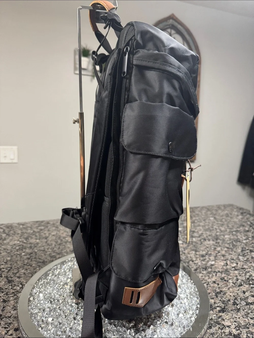 Storm dude Black Men's laptop Backpack with Brown Leather Trim NWT
